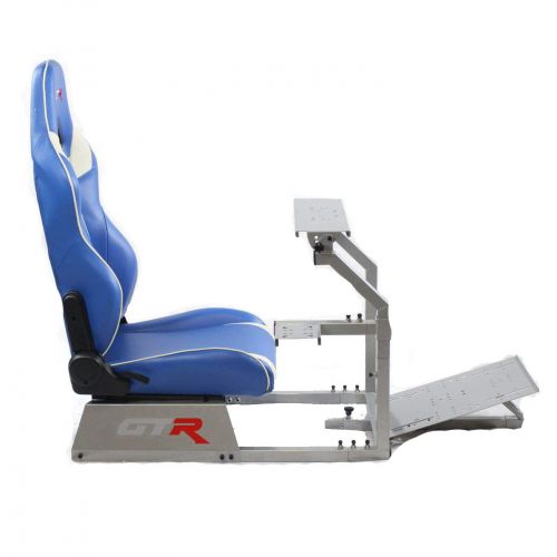  GTR Simulator GTR Racing Simulator GTA-S-S105LBLWHT- GTA Model Silver Frame with BlueWhite Real Racing Seat, Driving Simulator Cockpit Gaming Chair with Gear Shifter Mount
