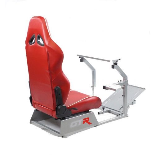  GTR Simulator GTR Racing Simulator GTA-S-S105LRDWHT GTA Model Silver Frame with RedWhite Real Racing Seat, Driving Simulator Cockpit Gaming Chair with Gear Shifter Mount