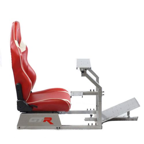  GTR Simulator GTR Racing Simulator GTA-S-S105LRDWHT GTA Model Silver Frame with RedWhite Real Racing Seat, Driving Simulator Cockpit Gaming Chair with Gear Shifter Mount