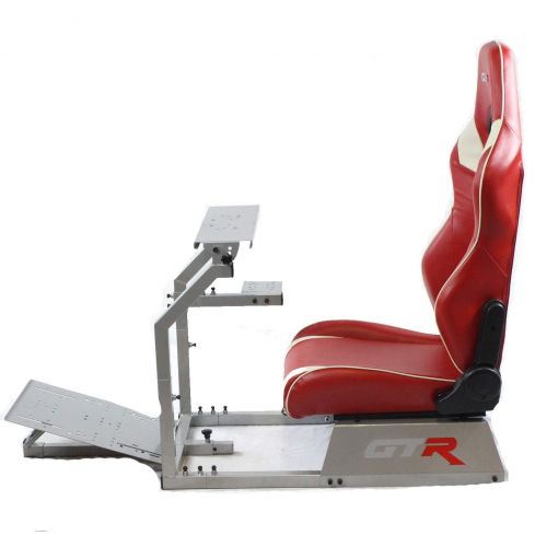  GTR Simulator GTR Racing Simulator GTA-S-S105LRDWHT GTA Model Silver Frame with RedWhite Real Racing Seat, Driving Simulator Cockpit Gaming Chair with Gear Shifter Mount