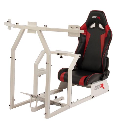  GTR Simulator GTR Racing Simulator GTAF-WHT-S105LBKRD - GTA-F Model (White) Triple or Single Monitor Stand with BlackRed Adjustable Leatherette Seat, Racing Simulator Cockpit Gaming Chair Singl