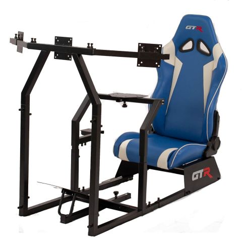  GTR Simulator GTR Racing Simulator GTAF-BLK-S105LBLWHT - GTA-F Model (Black) Triple or Single Monitor Stand with BlueWhite Adjustable Leatherette Seat, Racing Simulator Cockpit Gaming Chair Sin