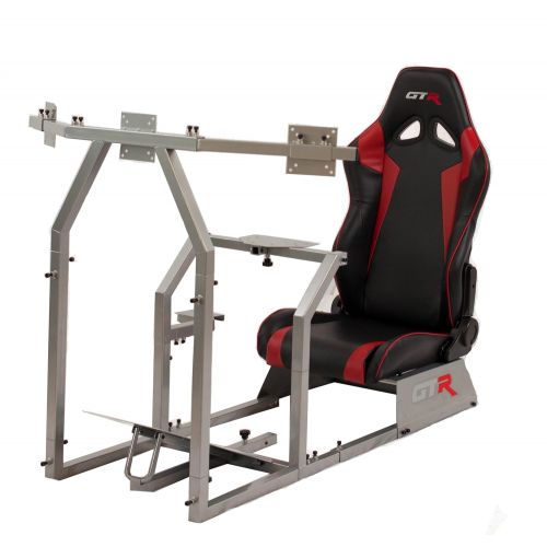  GTR Simulator GTR Racing Simulator GTAF-S-S105LBKRD - GTA-F Model (Silver) Triple or Single Monitor Stand with BlackRed Adjustable Leatherette Seat, Racing Simulator Cockpit Gaming Chair Single