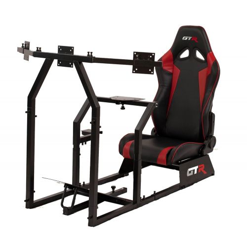  GTR Simulator GTR Racing Simulator GTAF-BLK-S105LBKRD - GTA-F Model (Black) Triple or Single Monitor Stand with BlackRed Adjustable Leatherette Seat, Racing Simulator Cockpit Gaming Chair Singl