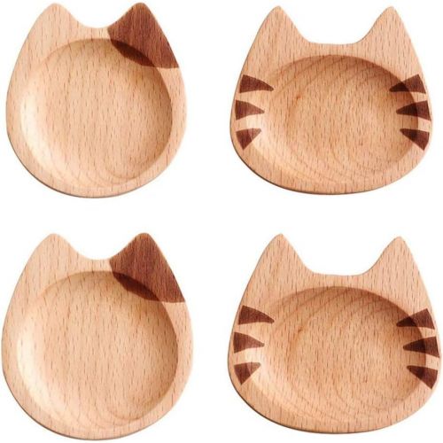  [아마존베스트]GUANGE 4 Pieces Wooden Dip Bowls Japanese Style, Wooden Sauce Dishes Cat Shaped, Retro Wooden Seasoning Dishes, Sauce Wooden Dishes for Snack Sushi Fruit Appetizer Dessert