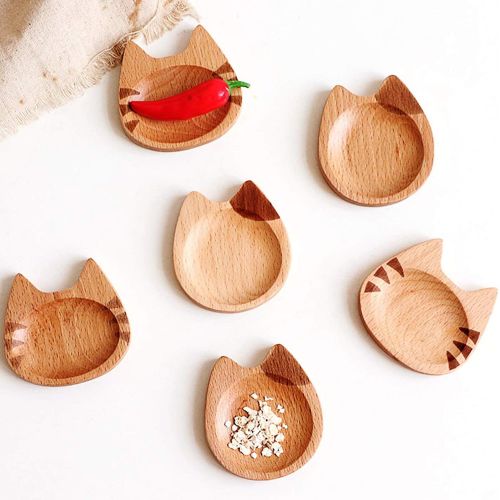  [아마존베스트]GUANGE 4 Pieces Wooden Dip Bowls Japanese Style, Wooden Sauce Dishes Cat Shaped, Retro Wooden Seasoning Dishes, Sauce Wooden Dishes for Snack Sushi Fruit Appetizer Dessert