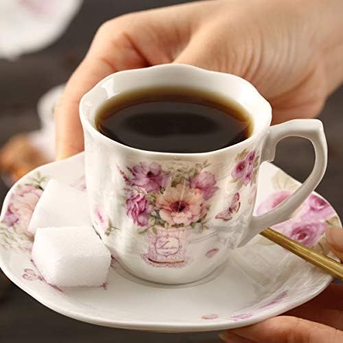  [아마존베스트]GUANGYANG GY GuangYang Purple Flower Espresso Cups with Saucers,Porcelain Turkish Coffee Cup and Saucer,Set of 6, 2.8oz, Gift Set