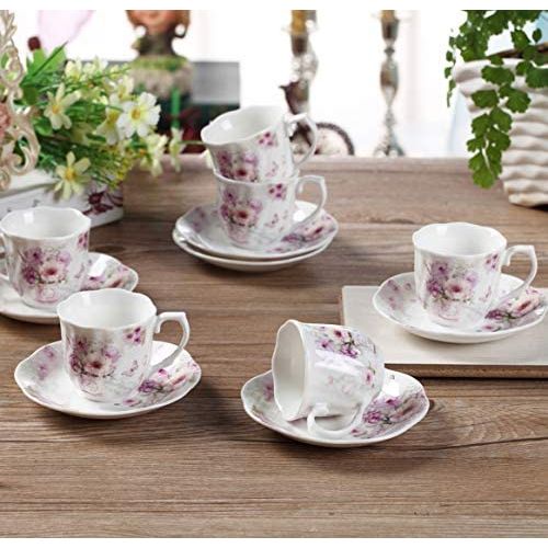  [아마존베스트]GUANGYANG GY GuangYang Purple Flower Espresso Cups with Saucers,Porcelain Turkish Coffee Cup and Saucer,Set of 6, 2.8oz, Gift Set
