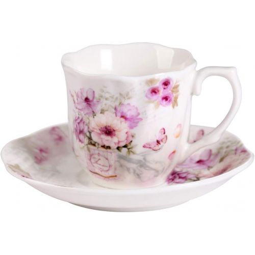 [아마존베스트]GUANGYANG GY GuangYang Purple Flower Espresso Cups with Saucers,Porcelain Turkish Coffee Cup and Saucer,Set of 6, 2.8oz, Gift Set