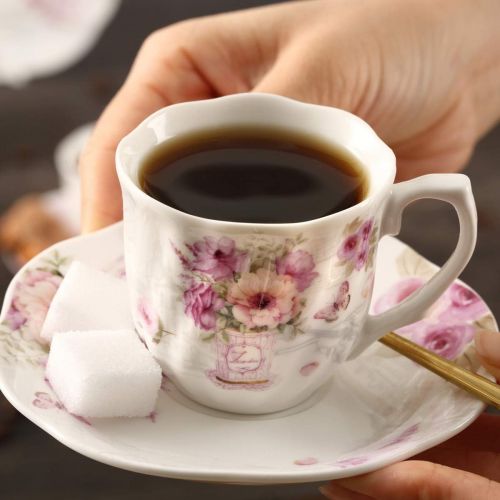  [아마존베스트]GUANGYANG GY GuangYang Purple Flower Espresso Cups with Saucers,Porcelain Turkish Coffee Cup and Saucer,Set of 6, 2.8oz, Gift Set