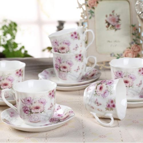  [아마존베스트]GUANGYANG GY GuangYang China Tea Cups and Saucers Set of 6-7ounce/200ml - Tea Gift Sets for Adults - Purple Floral Porcelain TeaCup with Saucer for Tea Party(Total 12 Pieces)