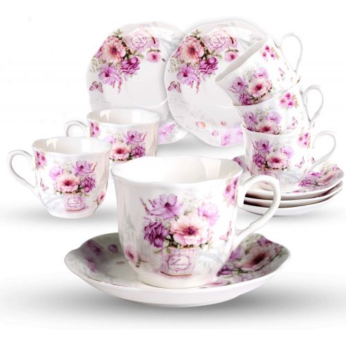  [아마존베스트]GUANGYANG GY GuangYang China Tea Cups and Saucers Set of 6-7ounce/200ml - Tea Gift Sets for Adults - Purple Floral Porcelain TeaCup with Saucer for Tea Party(Total 12 Pieces)