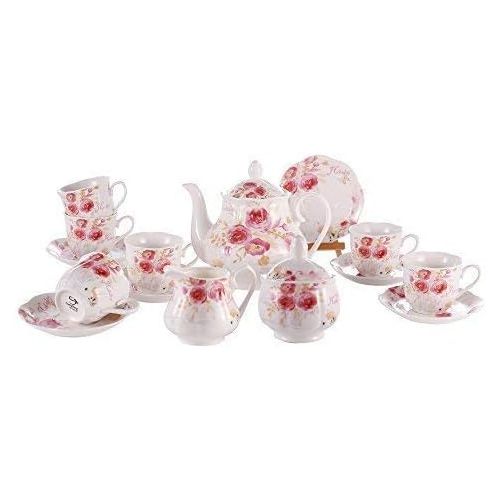  [아마존베스트]GUANGYANG GY Guangyang 15pcs Porcelain Tea Set(Rose Flower Decal),Pumpkin Teapot with 6 Cups and 6 Saucers (Holiday Word Design)