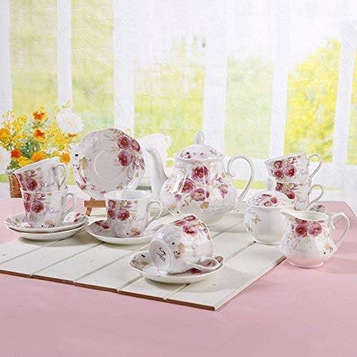  [아마존베스트]GUANGYANG GY Guangyang 15pcs Porcelain Tea Set(Rose Flower Decal),Pumpkin Teapot with 6 Cups and 6 Saucers (Holiday Word Design)
