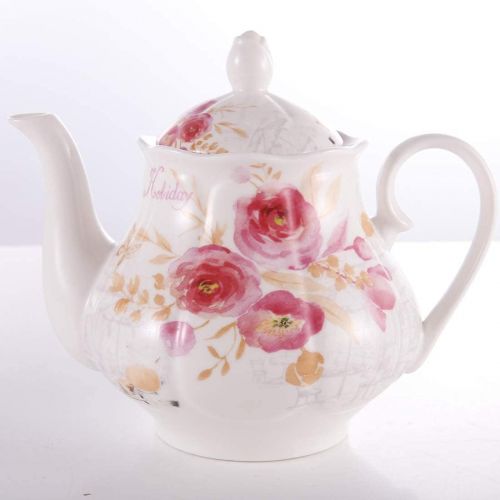  [아마존베스트]GUANGYANG GY Guangyang 15pcs Porcelain Tea Set(Rose Flower Decal),Pumpkin Teapot with 6 Cups and 6 Saucers (Holiday Word Design)