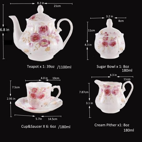  [아마존베스트]GUANGYANG GY Guangyang 15pcs Porcelain Tea Set(Rose Flower Decal),Pumpkin Teapot with 6 Cups and 6 Saucers (Holiday Word Design)