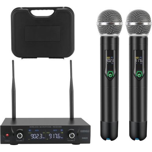  GUDEHOLO Wireless Microphone System with case, Metal UHF Dual Handheld 20 Channels Professional Cordless Mic System for Church, DJ, Karaoke,Wedding, Home KTV Set