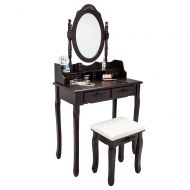 GUJJI FUN 4 Drawers Dresser with Oval Mirror，Wood Makeup Vanity Table Set，Cushioned Stool Brown