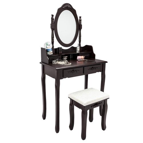  GUJJI FUN 4 Drawers Dresser with Oval Mirror，Wood Makeup Vanity Table Set，Cushioned Stool Brown