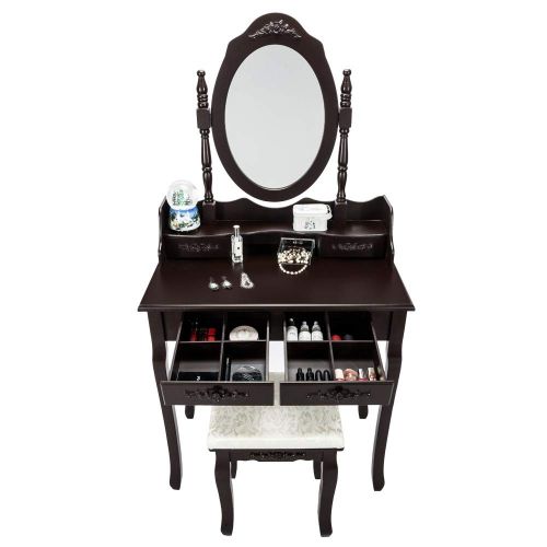  GUJJI FUN 4 Drawers Dresser with Oval Mirror，Wood Makeup Vanity Table Set，Cushioned Stool Brown