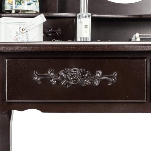  GUJJI FUN 4 Drawers Dresser with Oval Mirror，Wood Makeup Vanity Table Set，Cushioned Stool Brown