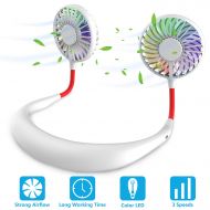 GULAKI Hands Free Portable Neck Fan - Rechargeable Mini USB Personal Fan Battery Operated with 3 Level Air Flow, 7 LED Lights for Home Office Travel Indoor Outdoor (White)