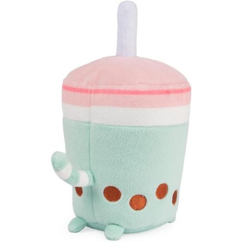  GUND Pusheen Boba Tea Cup Plush Cat Stuffed Animal for Ages 8 and Up, Green/Pink, 6”