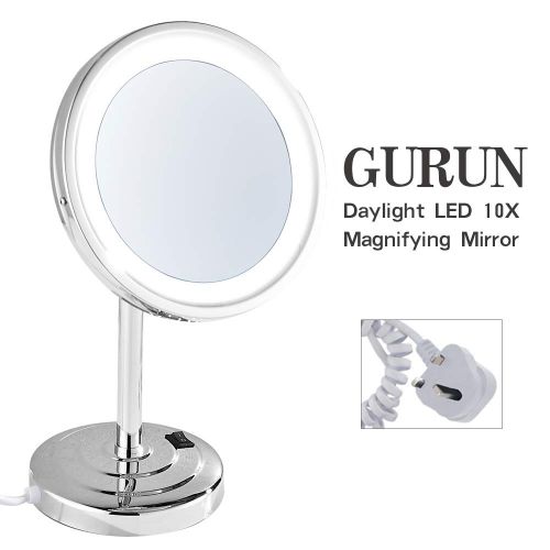  GURUN 8-Inch Tabletop Swivel Vanity Mirror with LED Light 10x Magnification, Chrome Finish M2209D(8in,10x)