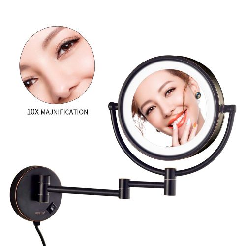  GURUN LED Lighted Wall Mount Makeup Mirror with 10x Magnification,Oil-Rubbed Bronze Finish, 8.5 Inch, Brass,M1809DO(8.5in,10x)