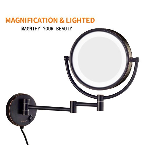  GURUN LED Lighted Wall Mount Makeup Mirror with 7X Magnification,Oil-Rubbed Bronze Finish, 8.5 Inch, Brass,M1809DO(8.5in,7X)