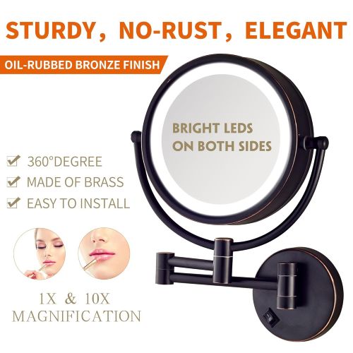  GURUN LED Lighted Wall Mount Makeup Mirror with 7X Magnification,Oil-Rubbed Bronze Finish, 8.5 Inch, Brass,M1809DO(8.5in,7X)