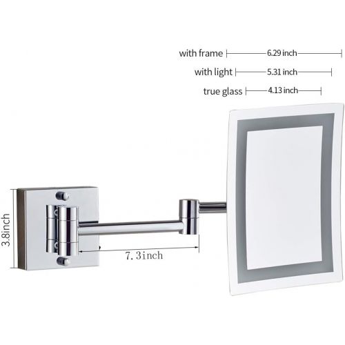  GURUN Wall Mounted Makeup Mirror Lighted Rectangle with 3X Magnification,Single-Sided Made of Brass,Chrome Finished 1801D