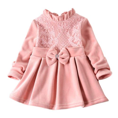  GUTTEAR Guttear Baby GirlsSolid Thick Lace Bow Ruched Princess Dress Warm Clothes