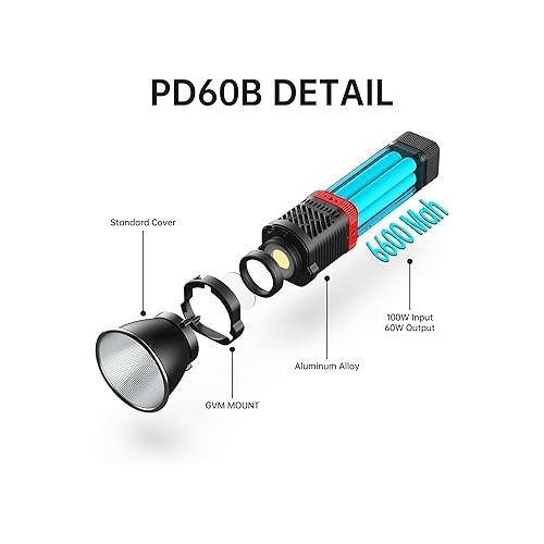  GVM PD60B 60W Studio Lights for COB Photography Lighting, Portable Led Video Light for Photographers in The Shape of Handheld Flashlight, Spotlight for APP Control, 2700-6800K, 49300LUX/0.5M