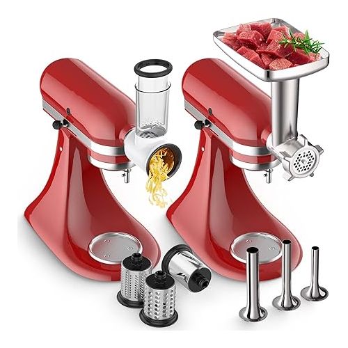  Meat Grinder&Slicer Shredder Attachment for KitchenAid Stand Mixer,Kitchen Aid Mixer Accessories Includes Metal Meat Grinder with Sausage Stuffer Tubesand and Slicer Shredder Set by Gvode