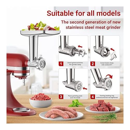  Stainless Steel Meat Grinder for KitchenAid Mixer, Meat Grinder Sausage Stuffer Machine with 4 Grinding Plates, 3 Sausage Stuffer Tubes, 2 Grinding Blades, Kitchen Aid Mixers Accessories by Gvode