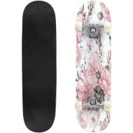 GWFERC Seamless Pattern with Pink Flowers and Leaves on White Background Skateboard 31x8 Double-Warped Skateboards Outdoor Street Sports Skateboard for Beginners Professionals Cool Adult