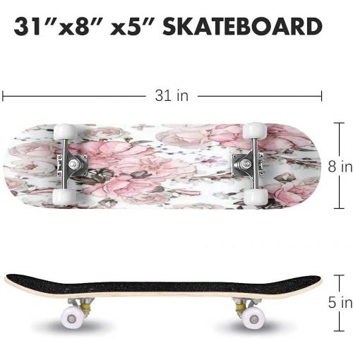  GWFERC Seamless Pattern with Pink Flowers and Leaves on White Background Skateboard 31x8 Double-Warped Skateboards Outdoor Street Sports Skateboard for Beginners Professionals Cool Adult