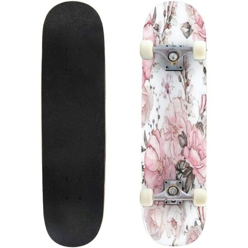  GWFERC Seamless Pattern with Pink Flowers and Leaves on White Background Skateboard 31x8 Double-Warped Skateboards Outdoor Street Sports Skateboard for Beginners Professionals Cool Adult