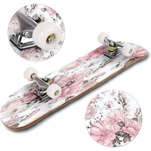  GWFERC Seamless Pattern with Pink Flowers and Leaves on White Background Skateboard 31x8 Double-Warped Skateboards Outdoor Street Sports Skateboard for Beginners Professionals Cool Adult