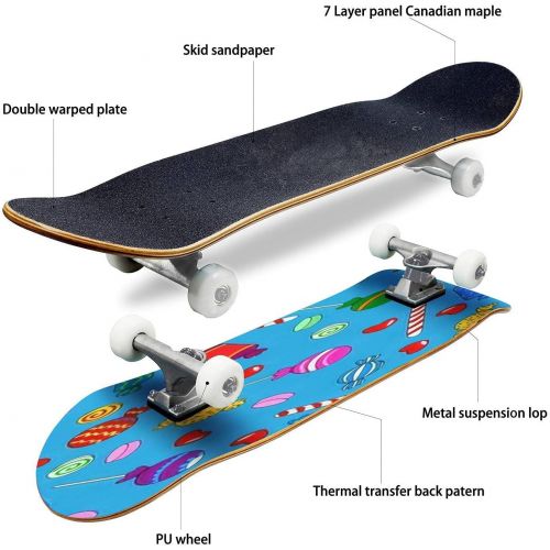  GWFERC Seamless Pattern with Sweets Skateboard 31x8 Double-Warped Skateboards Outdoor Street Sports Skateboard for Beginners Professionals Cool Adult Teen Gifts