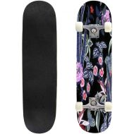 GWFERC Seamless Floral Pattern with Blue and White Roses on Dark Background Skateboard 31x8 Double-Warped Skateboards Outdoor Street Sports Skateboard for Beginners Professionals Cool Adu
