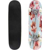 GWFERC Pattern with Big Peony Bright Flowers Bouquet on Blue Background Skateboard 31x8 Double-Warped Skateboards Outdoor Street Sports Skateboard for Beginners Professionals Cool Adult T