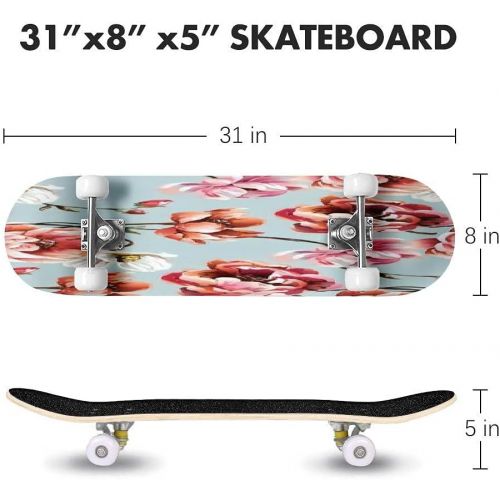  GWFERC Pattern with Big Peony Bright Flowers Bouquet on Blue Background Skateboard 31x8 Double-Warped Skateboards Outdoor Street Sports Skateboard for Beginners Professionals Cool Adult T