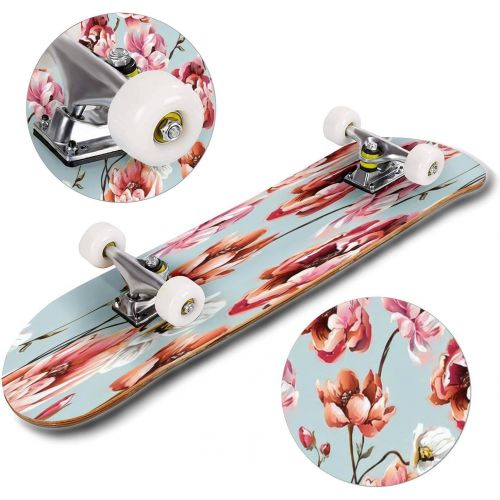  GWFERC Pattern with Big Peony Bright Flowers Bouquet on Blue Background Skateboard 31x8 Double-Warped Skateboards Outdoor Street Sports Skateboard for Beginners Professionals Cool Adult T