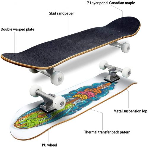  GWFERC Acoustic Stylized Guitar from The time of Woodstock Hippie Style Skateboard 31x8 Double-Warped Skateboards Outdoor Street Sports Skateboard for Beginners Professionals Cool Adult T