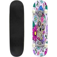 GWFERC Festive Background with Sugar Skulls Heart and Flower Ornament Day of Skateboard 31x8 Double-Warped Skateboards Outdoor Street Sports Skateboard for Beginners Professionals Cool Ad
