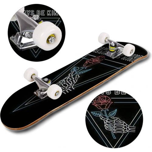  GWFERC Neon Light The Skeleton Hand Hold a Rose Illustration for t Skateboard 31x8 Double-Warped Skateboards Outdoor Street Sports Skateboard for Beginners Professionals Cool Adult Teen G