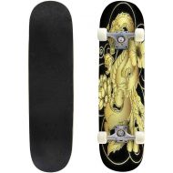 GWFERC Gold Japanese Dragon for Wallpaper and Background Golden Dragon with Skateboard 31x8 Double-Warped Skateboards Outdoor Street Sports Skateboard for Beginners Professionals Cool Adu
