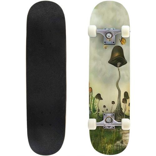  GWFERC Fantasy Landscape with Butterfly and Mushrooms Skateboard 31x8 Double-Warped Skateboards Outdoor Street Sports Skateboard for Beginners Professionals Cool Adult Teen Gifts